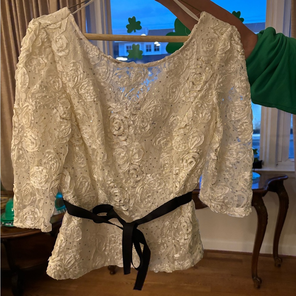 Elegant Cream Lace Top with Black Ribbon